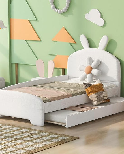 Twin Size Chenille Upholstered Platform Bed with Cartoon Ears Shaped Headboard and Twin-Size Trundle,Guardrail,Wood Bed-frame for Boys Girls,Bedroom Furniture for Children,White - LeafyLoom