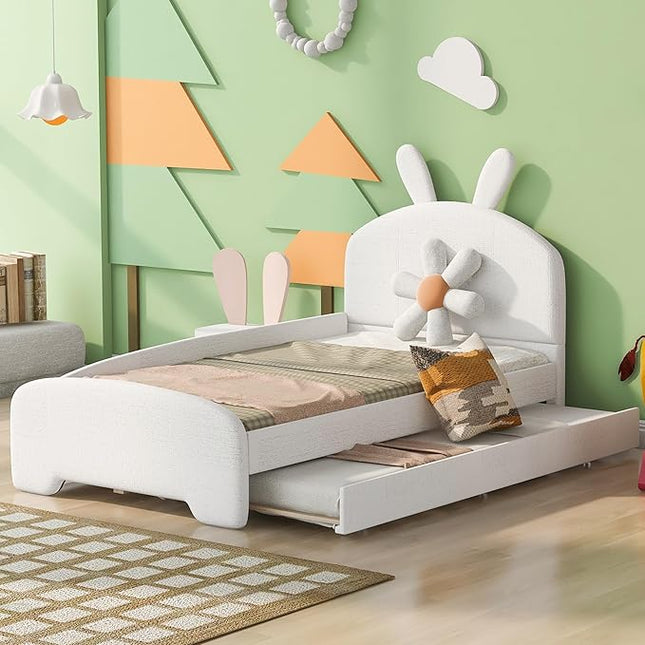 Twin Size Chenille Upholstered Platform Bed with Cartoon Ears Shaped Headboard and Twin-Size Trundle,Guardrail,Wood Bed-frame for Boys Girls,Bedroom Furniture for Children,White - LeafyLoom