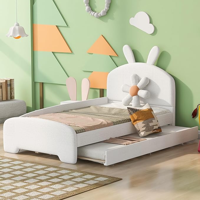 Twin Size Chenille Upholstered Platform Bed with Cartoon Ears Shaped Headboard and Twin-Size Trundle,Guardrail,Wood Bed-frame for Boys Girls,Bedroom Furniture for Children,White - LeafyLoom