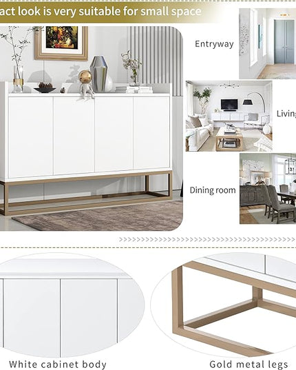 Sideboard Buffet Cabinet with Large Storage Space,Modern Particle Board Kitchen Console Table,W/ 4 Doors and Gold Metal Legs,Dining Room,Entryway,White, 47.2" - LeafyLoom