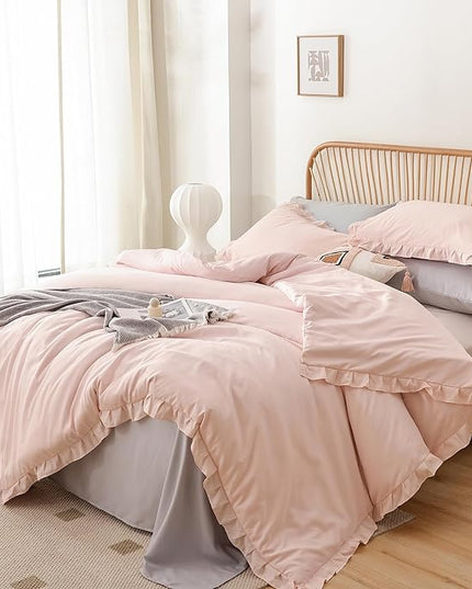 JANZAA Pink Comforter Set Queen Comforter Set 3PCS (1 Ruffled Blush Comforter and 2 Pillowcases) Vintage Shabby Chic Bedding Soft Fluffy Comforter Set All Season - LeafyLoom