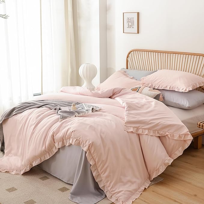 JANZAA Pink Comforter Set Queen Comforter Set 3PCS (1 Ruffled Blush Comforter and 2 Pillowcases) Vintage Shabby Chic Bedding Soft Fluffy Comforter Set All Season - LeafyLoom