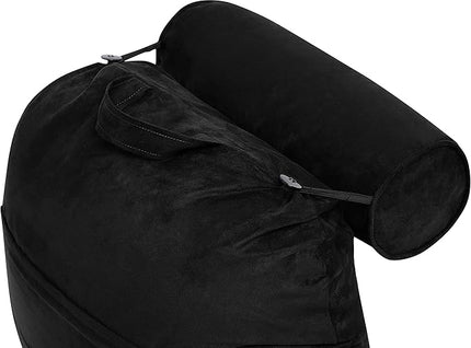 Husband Pillow XXL Aspen Edition, Adult Reading Sit Up Bed Rest Pillow for Bed with Arms & Neck Roll on Bungee Cord - Premium Memory Foam - Reversible 2 Sided Cover Micro Suede or Plush, Stable Black - LeafyLoom