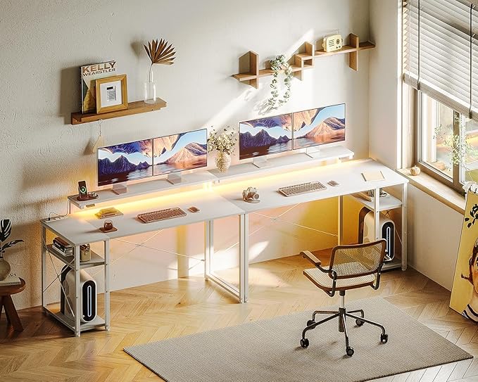 MOTPK White Desk with Led Lights & Power Outlet, 47 Inch Computer Desk with Shelves, Reversible Kids Desk with Adjustable Monitor Stand & Headphone Hook, Work Desk for Home Office - LeafyLoom