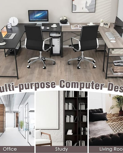 L-Shaped Home Office Desk, Corner Computer Desk w/Monitor Stand, Reversible PC Desk w/Heavy-Duty Metal Frame, Long Office Desk for 2 Person, Space-Saving Design (Grey) - LeafyLoom