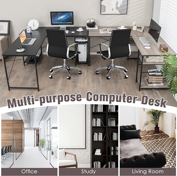 L-Shaped Home Office Desk, Corner Computer Desk w/Monitor Stand, Reversible PC Desk w/Heavy-Duty Metal Frame, Long Office Desk for 2 Person, Space-Saving Design (Grey) - LeafyLoom