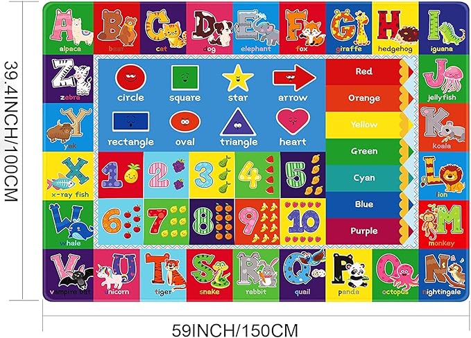 Baby Play Mat Kids Rug for Playroom, Playtime Collection ABC, Numbers, Animals, Rainbow and Shapes Educational Area Rugs for Kids Room Classroom, 59x 39.4 inch - LeafyLoom