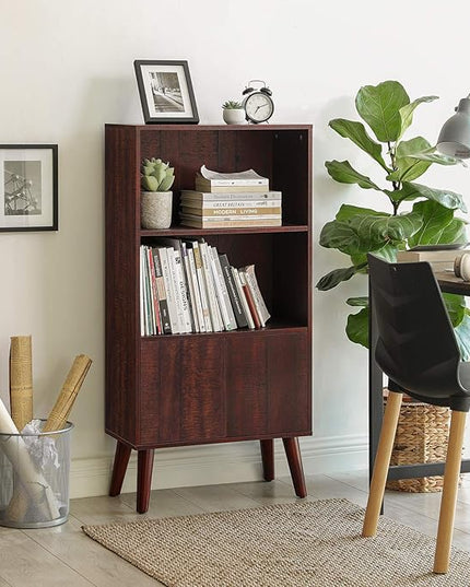 VASAGLE Bookcase, 2-Tier Retro Bookshelf with Doors, Storage Cabinet for Books, Photos, Decorations in Living Room, Office, Study, Mid-Century Style, Walnut Color ULBC09BY - LeafyLoom