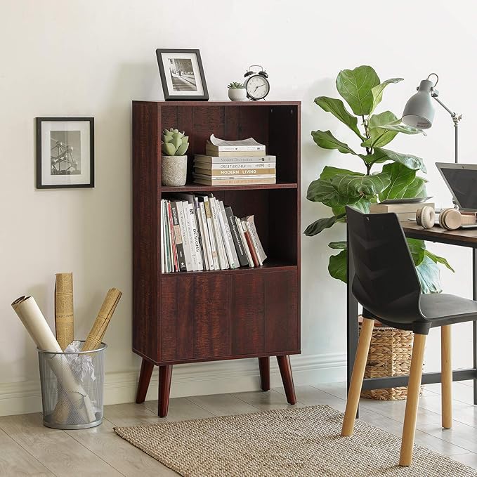 VASAGLE Bookcase, 2-Tier Retro Bookshelf with Doors, Storage Cabinet for Books, Photos, Decorations in Living Room, Office, Study, Mid-Century Style, Walnut Color ULBC09BY - LeafyLoom