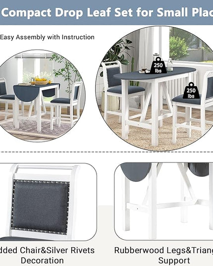 Merax 3-Piece Wood Counter Height Drop Leaf Dining Table Set with 2 Upholstered Chairs for Small Place, Grey - LeafyLoom