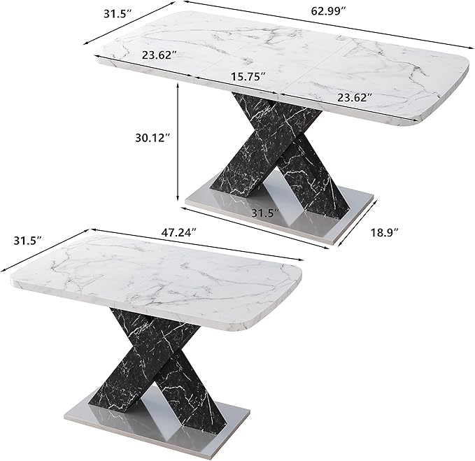 NicBex 62.99Inch Expandable Dining Table,Modern Kitchen Table with White Marble Tabletop and MDF White X-Shape Legs for 6 to 8,Large Dining Room Table for Kitchen,Meeting Living Room,Antique White - LeafyLoom