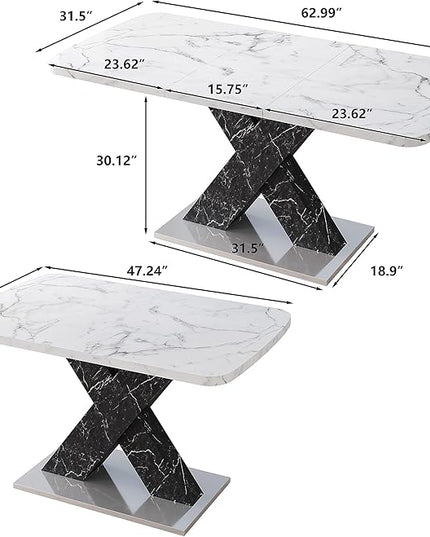 NicBex Dining Table Contemporary Kitchen Table Farmhouse Rustic Square Dining Table, Stretchable, White Marble Table Top+MDF Black X-Shape Table Leg with Metal Base, Easy Assembly, White+Black - LeafyLoom