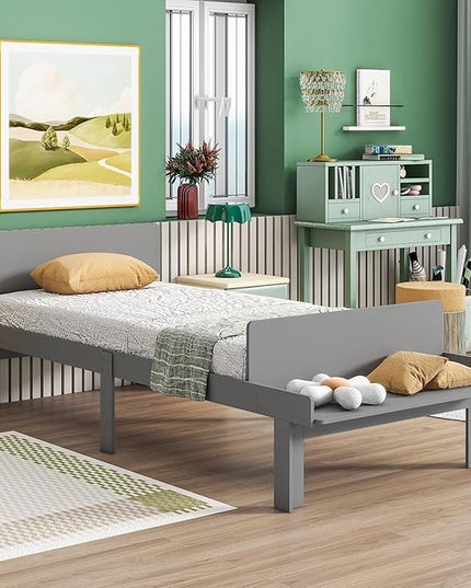 Twin Bed with Footboard Bench, Twin Kid Bed with Headboard, Wood Slat Support, Cute Kid Bed Frame with Book Storage Space, Twin Car Bed for Boys Girls Bedroom, No Box Spring Needed, Grey - LeafyLoom