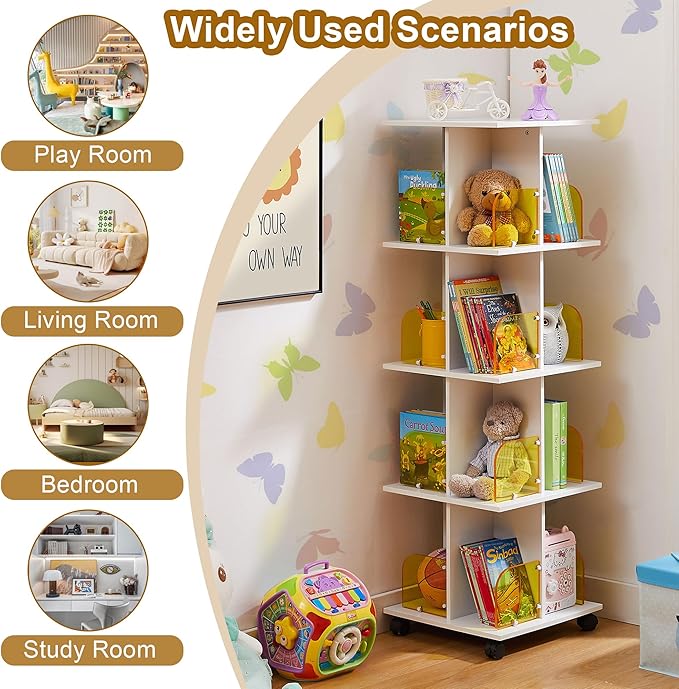 VECELO 4 Tier Rotating Bookshelf,360° Corner Display Shelf with Wheels, Book Storage with Acrylic Windows for Home Office, Living Room, Study Room, Bedroom, Small Footprint Large Capacity, White - LeafyLoom