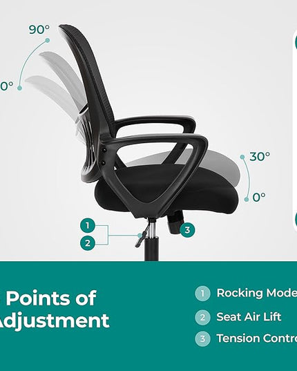 SMUG Office Computer Desk Ergonomic Mid-Back Mesh Rolling Work Swivel Task Chairs with Wheels, Comfortable Lumbar Support, Comfy Arms for Home, Bedroom, Study, Dorm, Student, Adults, Black - LeafyLoom
