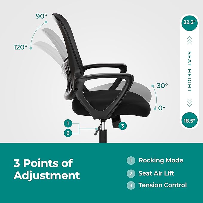 SMUG Office Computer Desk Ergonomic Mid-Back Mesh Rolling Work Swivel Task Chairs with Wheels, Comfortable Lumbar Support, Comfy Arms for Home, Bedroom, Study, Dorm, Student, Adults, Black - LeafyLoom