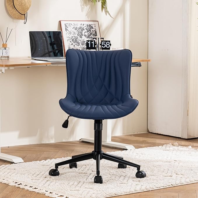 YOUTASTE Office Chair Modern Armless Desk Chair with Wheels, Height Adjustable Swivel Rocking Computer Gaming Task Chair, Upholstered Faux Leather Sewing Chair with Ergonomic Back, Navy Purple - LeafyLoom