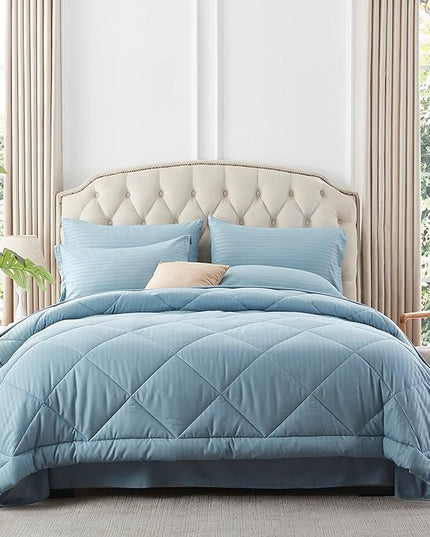 NexHome Blue Grey King Bed in a Bag 7-Pieces Comforter Sets with Comforter and Sheets Soft All Season Bedding Sets with Comforter, Pillow Shams, Flat Sheet, Fitted Sheet and Pillowcases - LeafyLoom