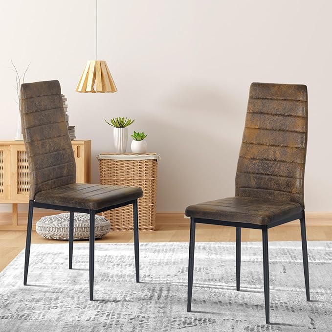 PU Leather Chair Set of 4, High Back Dining Seat with Soft Padded & Foot Cap Protection for Home Kitchen Living Room, 300lbs Capacity, Brown - LeafyLoom