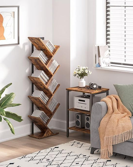 HOOBRO Tree Bookshelf, 9-Tier Bookcase Wooden Shelves, Floor Standing Storage Rack, for Display of CDs, Books in Living Room, Home Office, Wood Storage Rack for Bedroom, Rustic Brown BF08SJ01G1 - LeafyLoom