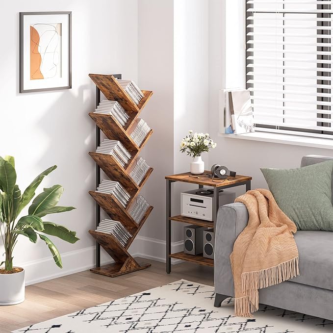 HOOBRO Tree Bookshelf, 9-Tier Bookcase Wooden Shelves, Floor Standing Storage Rack, for Display of CDs, Books in Living Room, Home Office, Wood Storage Rack for Bedroom, Rustic Brown BF08SJ01G1 - LeafyLoom