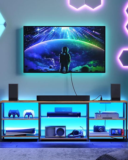 HOOBRO LED TV Stand for 75 Inch TVs with Charging Station, Gaming Entertainment Center with Open Storage, Media TV Console Table, TV Stand for Living Room, Bedroom, Rustic Brown and Black BF21UDDS01 - LeafyLoom