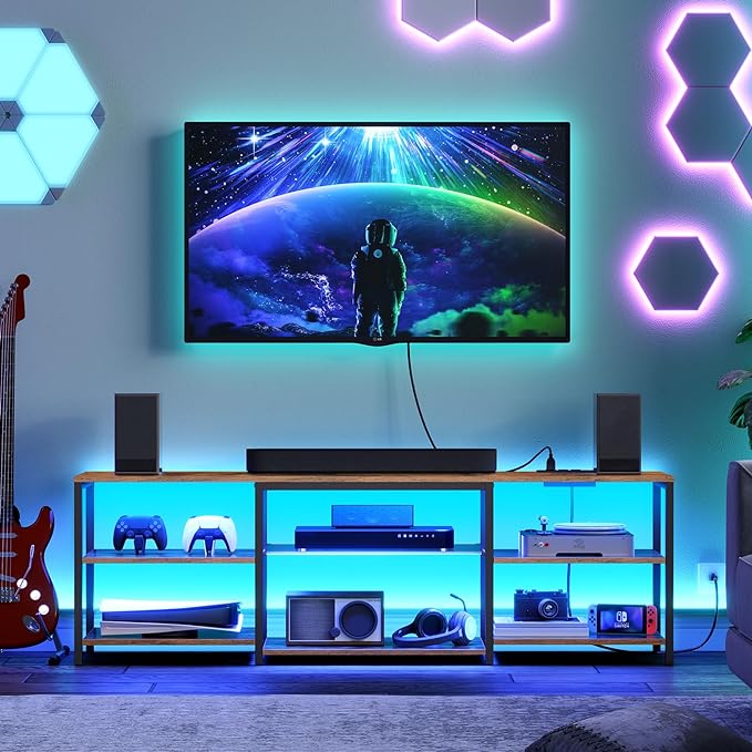 HOOBRO LED TV Stand for 75 Inch TVs with Charging Station, Gaming Entertainment Center with Open Storage, Media TV Console Table, TV Stand for Living Room, Bedroom, Rustic Brown and Black BF21UDDS01 - LeafyLoom