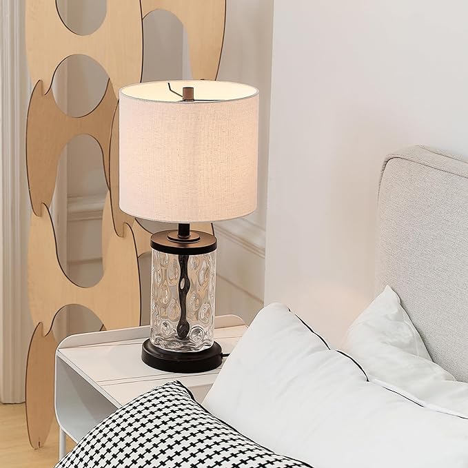 Globe Electric 61000044 20" Fillable Watered Glass Table Lamp, Oil-Rubbed Bronze Base, Beige Linen Shade, Black Cord, On/Off Rotary Switch - LeafyLoom
