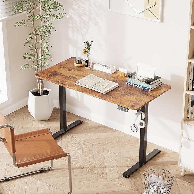 MOUNTUP Height Adjustable Electric Standing Desk Whole-Piece, 48 x 24 Inches Quick Assembly Sit Stand Desk, Stand Up Desk with Memory Controller, Ergonomic Desk, Rustic Brown - LeafyLoom