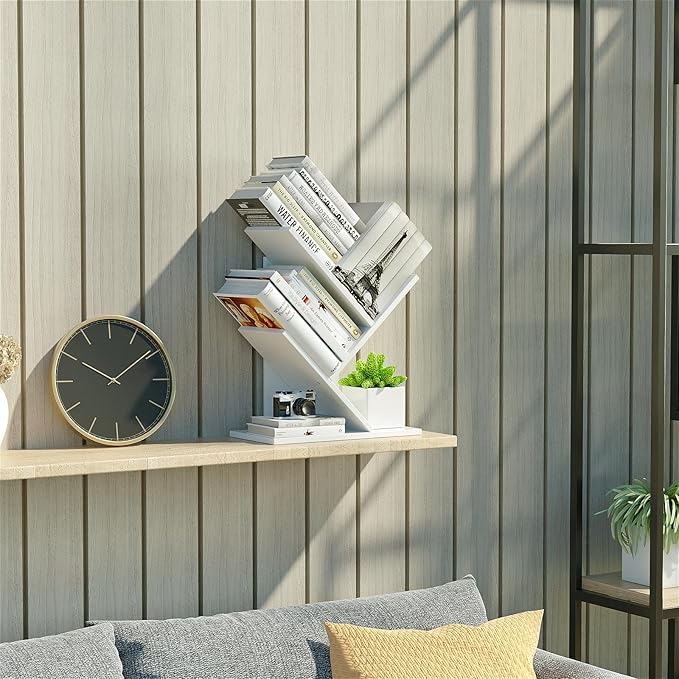 3 Tier Small Tree Bookshelf Storage Organizer Shelves Floor Standing Bookcase Desk Wood Storage Rack for Home Office Living Room Bedroom Display for Book Magazine CD manga Warm White - LeafyLoom