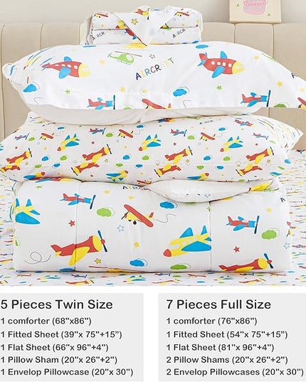 Mooreeke Bed in a Bag for Kids Boys Teens, 5 Pieces Twin Size Aircraft Print Comforter Bed Set with Shams, Sheet Set, Airplane White Super Soft Microfiber Kids Comforter Bedding Set - LeafyLoom