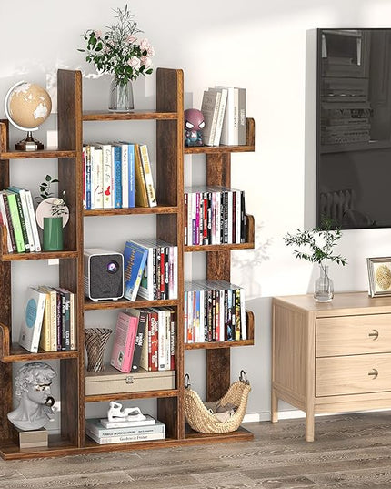 Aheaplus Bookshelf, Tree-Shaped Bookcase Storage Shelf with 13 compartments, Books Organizer Display Cube Shelves, Industrial Free Floor Standing Wood Open Bookshelves for Home - LeafyLoom