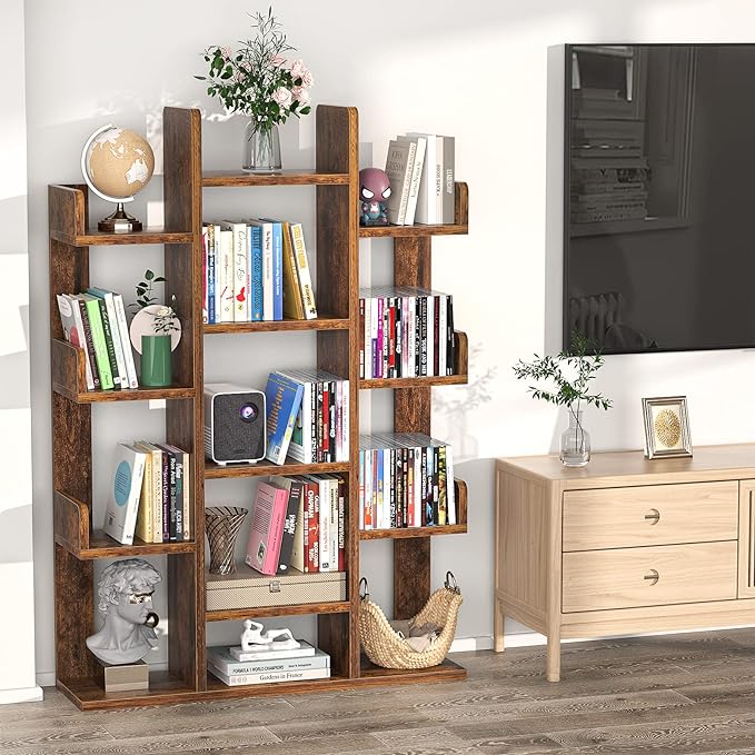 Aheaplus Bookshelf, Tree-Shaped Bookcase Storage Shelf with 13 compartments, Books Organizer Display Cube Shelves, Industrial Free Floor Standing Wood Open Bookshelves for Home - LeafyLoom