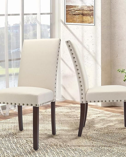 COLAMY Modern Wood Dining Chairs Set of 2, Parsons Dining Chairs, 19 Inch Padded Dining Chairs with Nailed Trim for Kitchen Dining Living Room, Beige - LeafyLoom