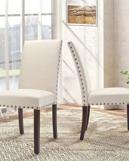 COLAMY Dining Room Chairs Set of 2, Parsons Kitchen Side Chiars with Padded Seat, Wood Legs, Nailed Trim, Beige - LeafyLoom