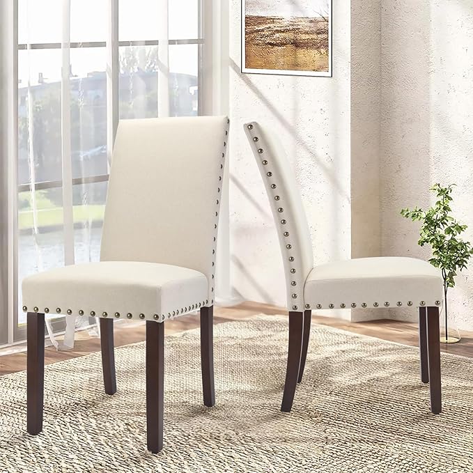 COLAMY Dining Room Chairs Set of 2, Parsons Kitchen Side Chiars with Padded Seat, Wood Legs, Nailed Trim, Beige - LeafyLoom