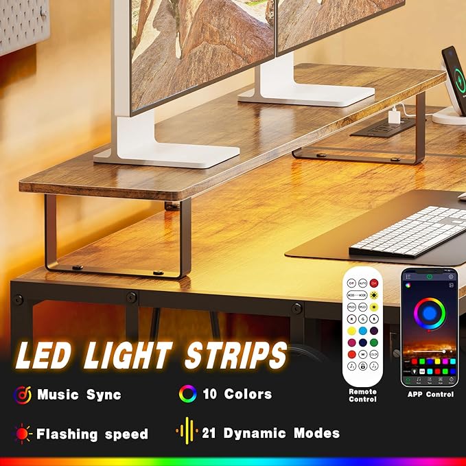 Computer Desk with Drawer and Power Outlets,55" Office Desk with Monitor Stand and Led Lights, Work Desk for Home Office,Sturdy Writing Desk with Shelves and 2 Headphone Hooks,Rustic Brown - LeafyLoom