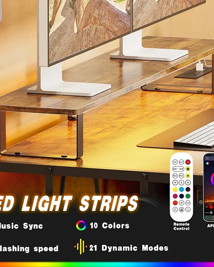 Computer Desk with Drawer and Power Outlets, 47" Office Desk with Monitor Stand and Led Lights, Work Desk for Home Office,Sturdy Writing Desk with Shelves and 2 Headphone Hooks,Rustic Brown - LeafyLoom