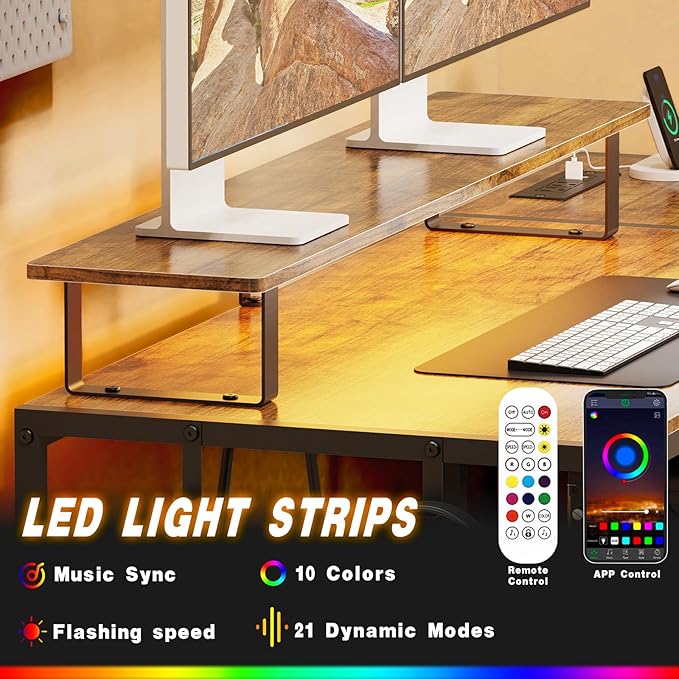 Computer Desk with Drawer and Power Outlets, 47" Office Desk with Monitor Stand and Led Lights, Work Desk for Home Office,Sturdy Writing Desk with Shelves and 2 Headphone Hooks,Rustic Brown - LeafyLoom