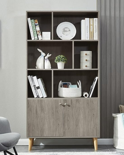 Modern Bookcase with 2 Doors, Shelf Organizer for Display, Wooden Bookshelf Library with 6 Storage Cabinet for Home Office (Gray Oak) - LeafyLoom