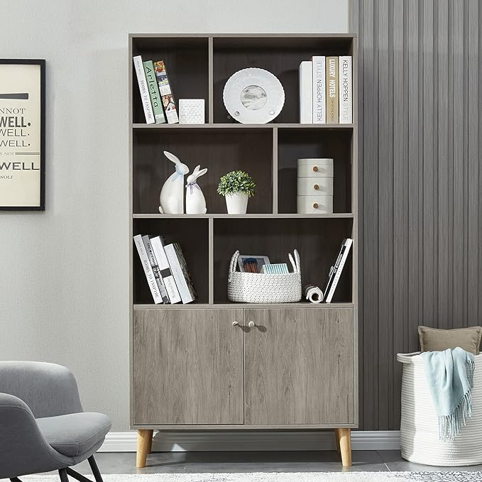 Modern Bookcase with 2 Doors, Shelf Organizer for Display, Wooden Bookshelf Library with 6 Storage Cabinet for Home Office (Gray Oak) - LeafyLoom