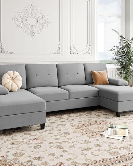 Shintenchi Sectional Couches for Living Room, U Shaped Sofa Couch with Double Chaise, 4-Seat Living Room Furniture Sets with Soft Cushion & Linen Fabric, Light Grey - LeafyLoom