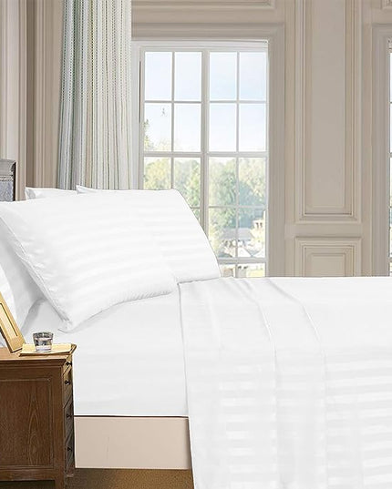 Elegant Comfort Best, Softest, Coziest 6-Piece Sheet Sets! - 1500 Premier Hotel Quality Luxurious Wrinkle Resistant 6-Piece DAMASK STRIPE Bed Sheet Set, Full White - LeafyLoom