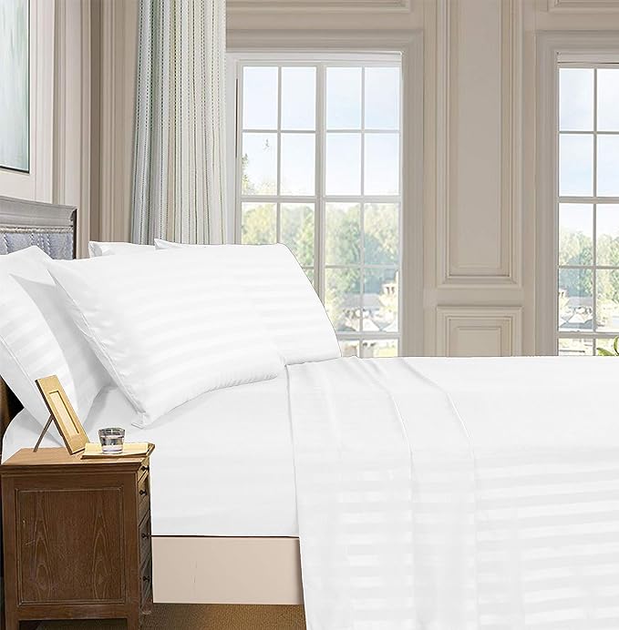 Elegant Comfort Best, Softest, Coziest 6-Piece Sheet Sets! - 1500 Premier Hotel Quality Luxurious Wrinkle Resistant 6-Piece DAMASK STRIPE Bed Sheet Set, Full White - LeafyLoom