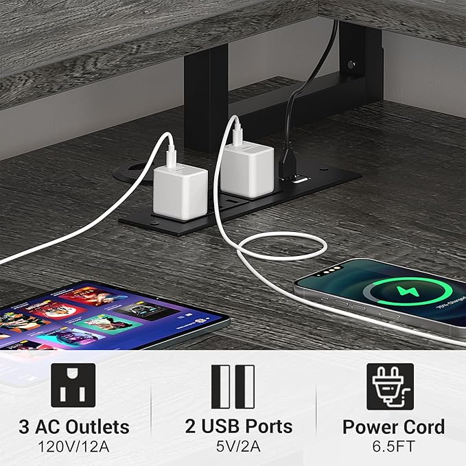 armocity L Shaped Computer Desk with Power Outlets, Gaming Desk L Shaped with LED Lights, Corner Desk with Storage Shelves, Work Study Desk for Bedroom, Home Office Small Spaces, 47'', Grey Oak - LeafyLoom