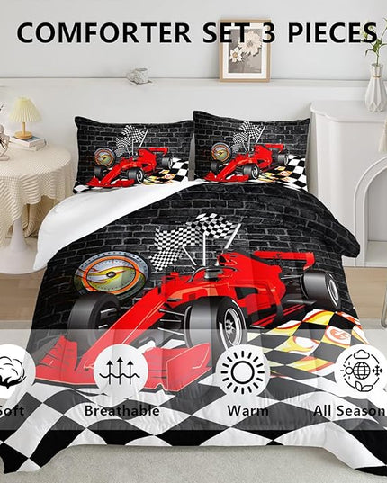Axolotl Race Car Comforter Set Twin Size,Extreme Sports Bedding Set for Boys Teens Kids Girls Room Decor,Cool Speed Car Quilt Bed Set with 1 Comforter 2 Pillowcases Car Racing Gifts,Black Red - LeafyLoom