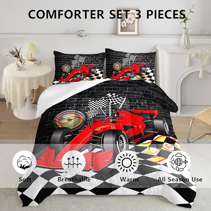 Axolotl Race Car Comforter Set Twin Size,Extreme Sports Bedding Set for Boys Teens Kids Girls Room Decor,Cool Speed Car Quilt Bed Set with 1 Comforter 2 Pillowcases Car Racing Gifts,Black Red - LeafyLoom