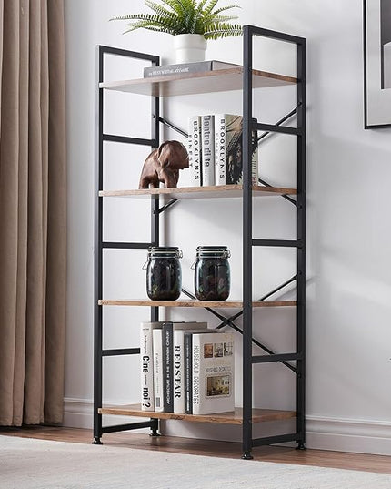 Industrial 4 Tier Bookshelf, Wood Etagere Bookshelves and Bookcase with Metal Frame, Rustic Standing Unit Shelf Display Rack for Living Room/Home Office, Vintage Brown - LeafyLoom