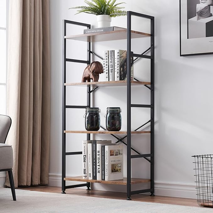 Industrial 4 Tier Bookshelf, Wood Etagere Bookshelves and Bookcase with Metal Frame, Rustic Standing Unit Shelf Display Rack for Living Room/Home Office, Vintage Brown - LeafyLoom