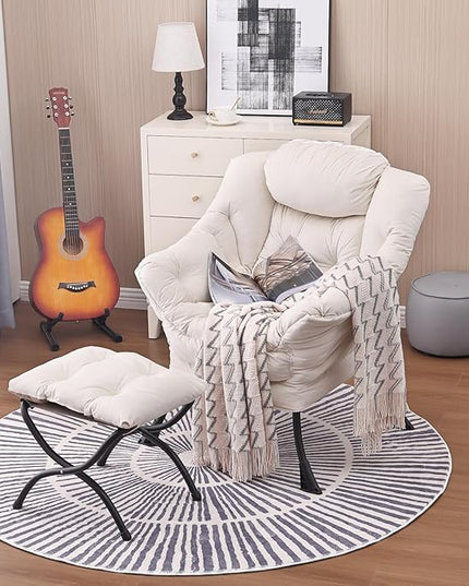 Lazy Chair and Ottoman, Large Accent Lounge Chair with Armrests and a Side Pocket, Modern Leisure Upholstered Sofa Reading Armchair with Footrest for Bedroom, Living Room, Dorm Rooms, Office - LeafyLoom